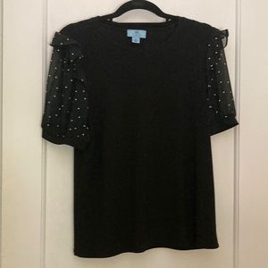 Woman’s black stretch top with sheer puffed sleeves NWOT